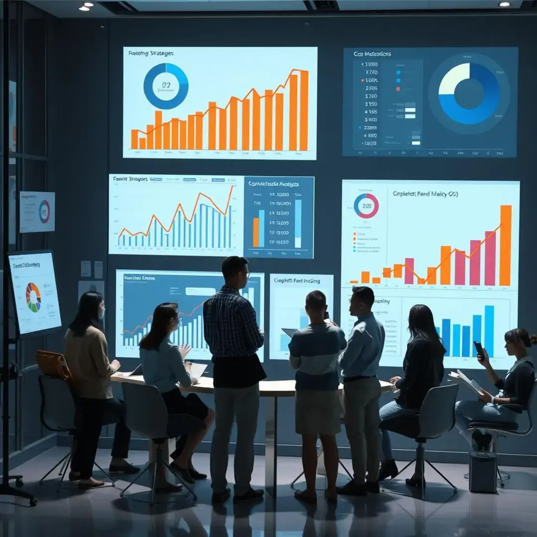 Graphs, charts, metrics, team discussing strategies, success indicators.