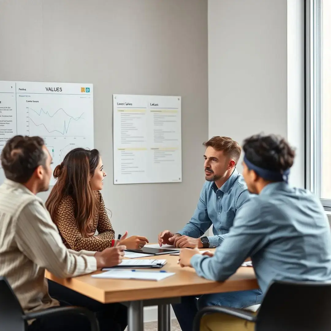 Diverse team discussing values, charts on wall, collaboration evident.