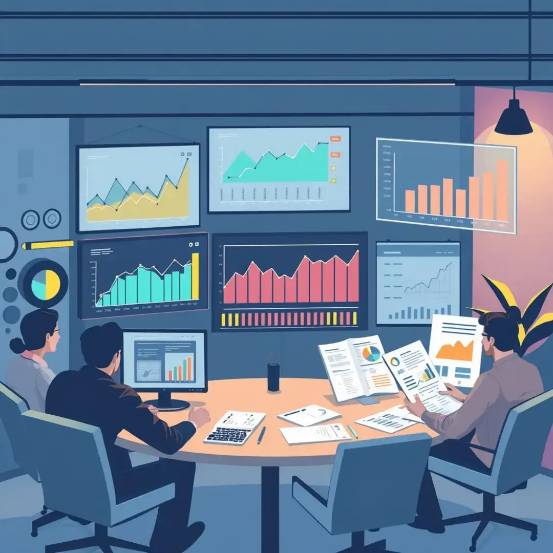 Graphs, metrics, screens, team discussions, charts, strategy documents.