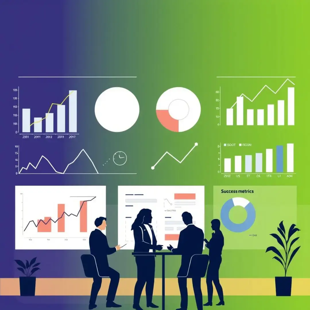 Graphs, charts, people discussing, partnership agreements, success metrics.