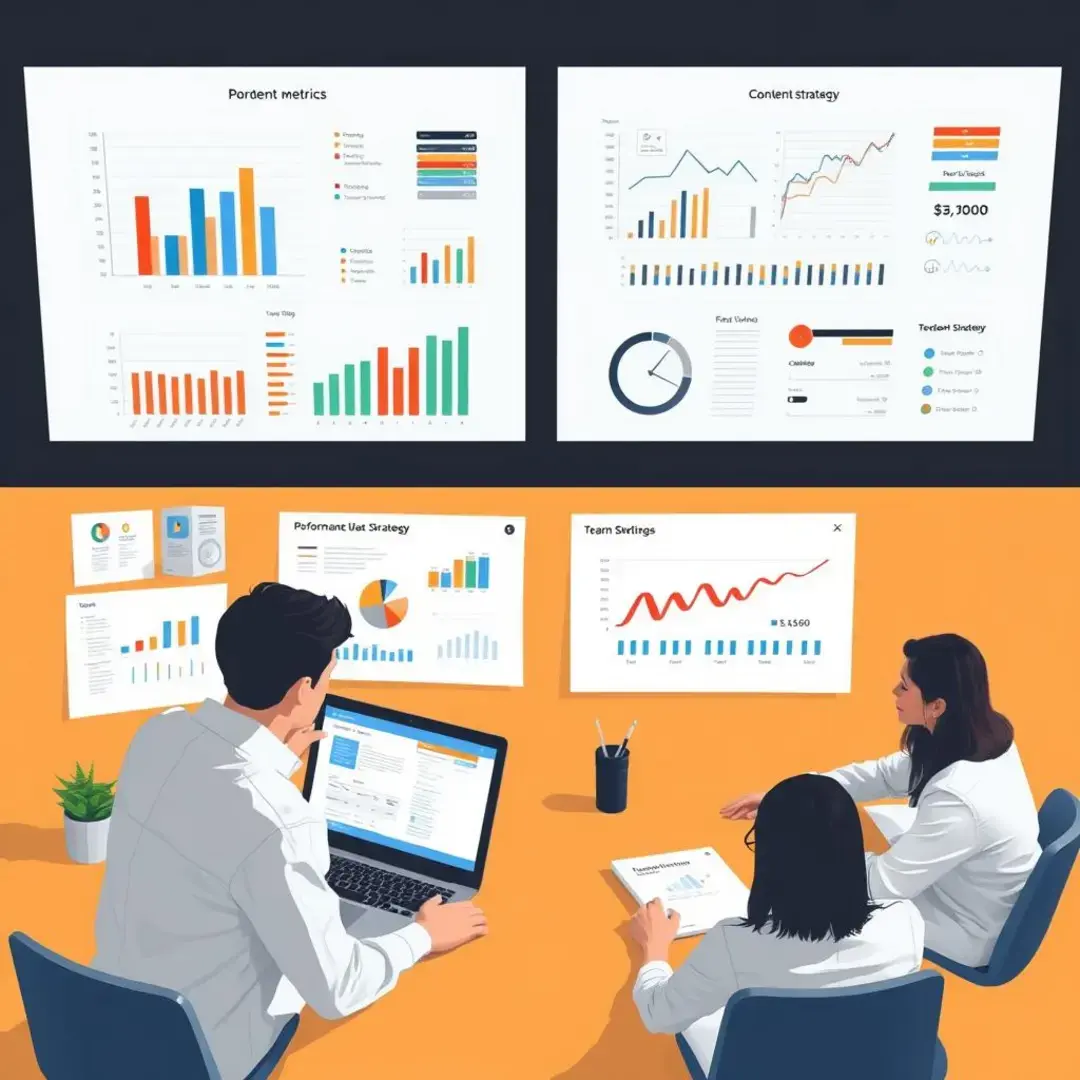 Charts, graphs, laptops, team discussions, performance metrics, content strategy.