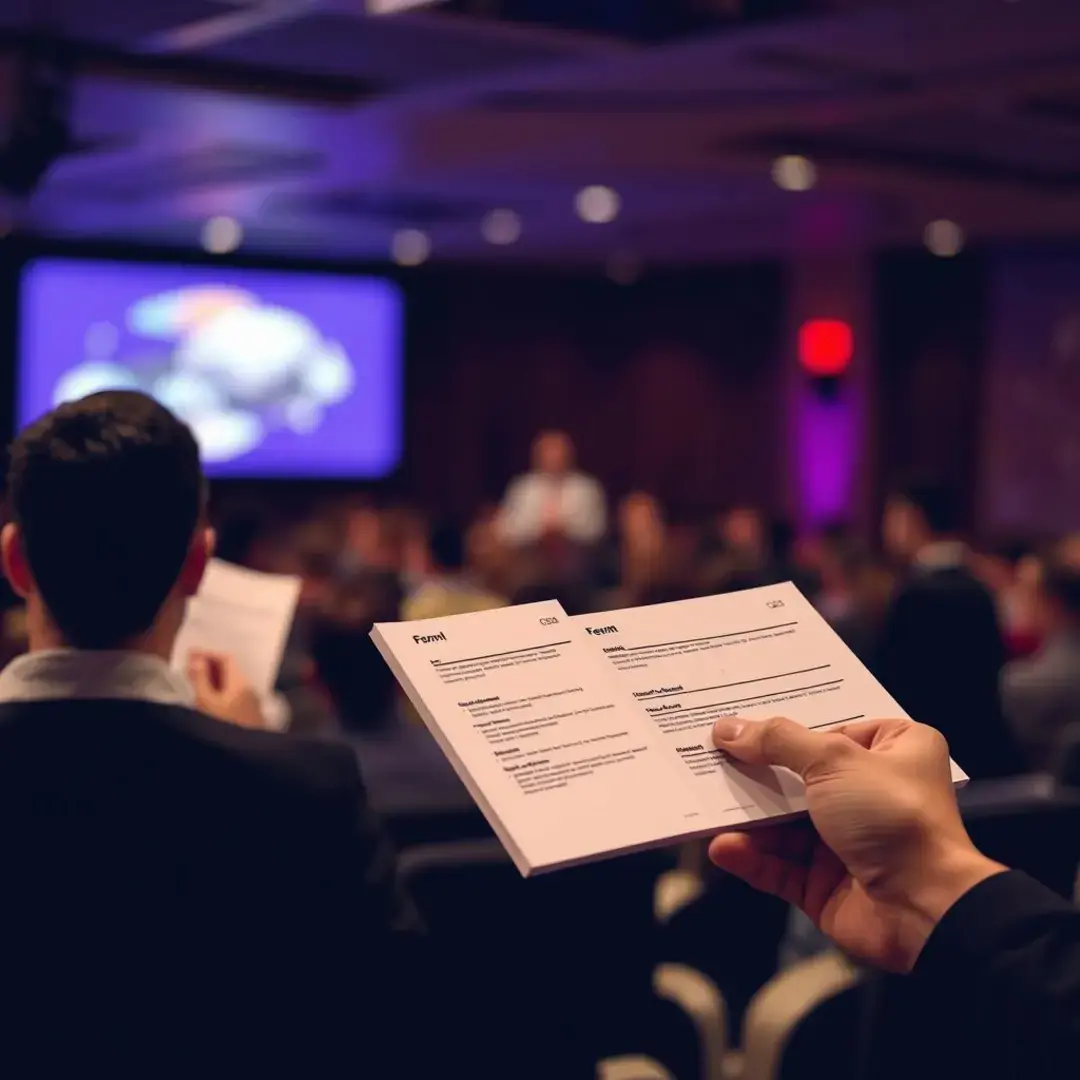 Person presenting to an audience, feedback forms in hand.