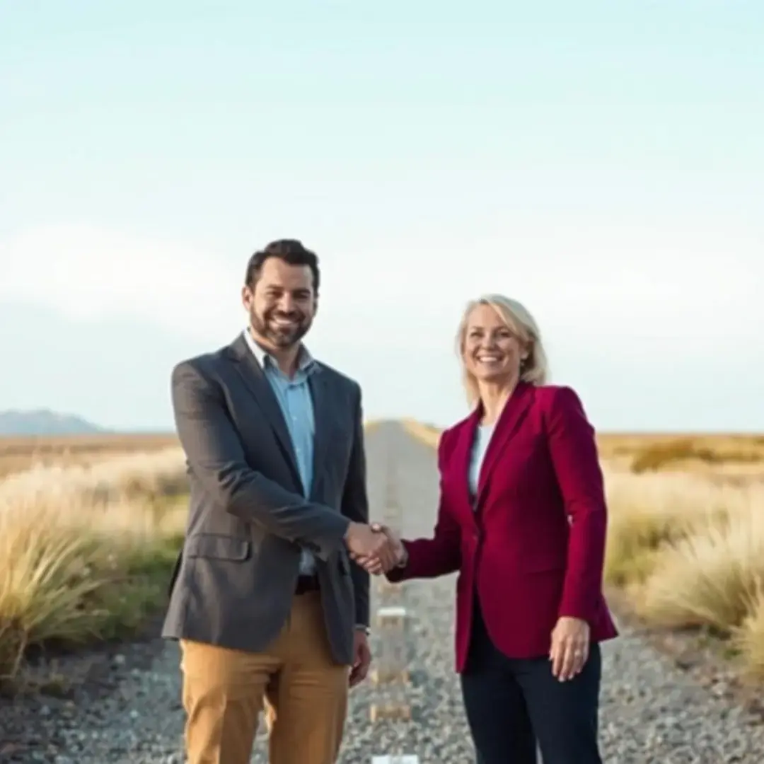 Two partners shake hands, smiling with a clear path ahead.