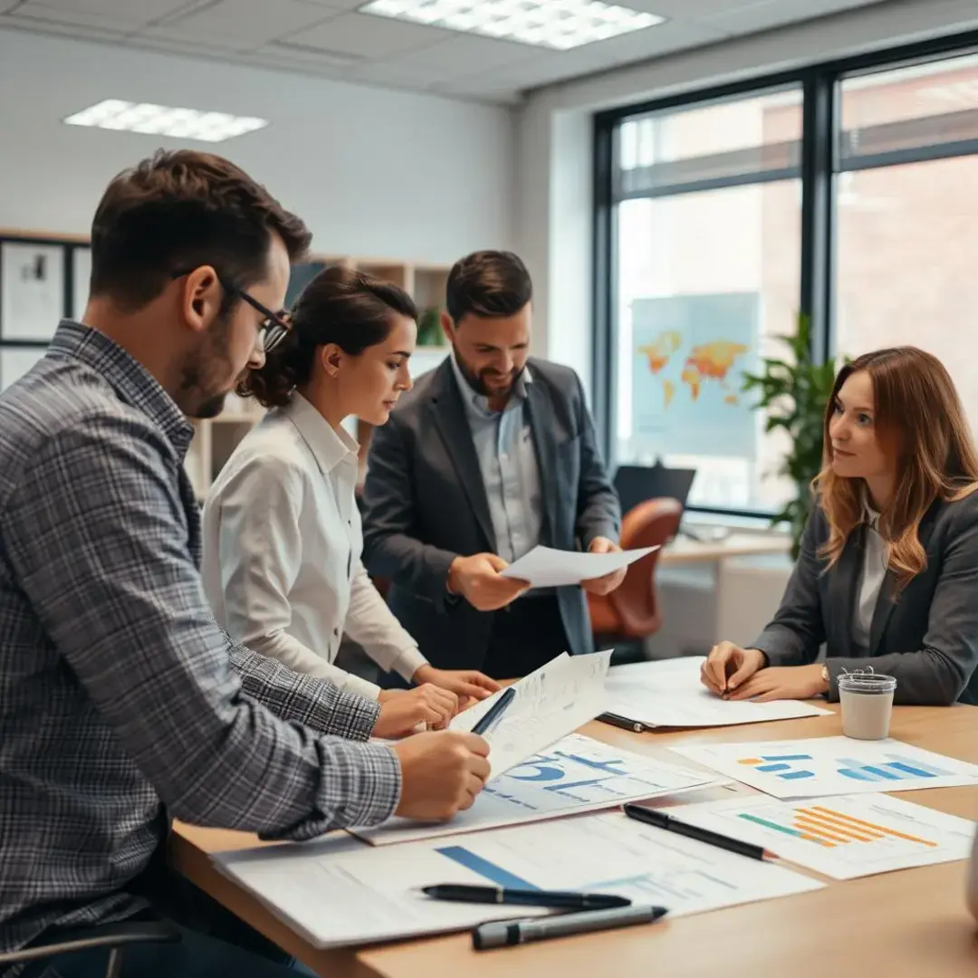 Analyzing documents, charts, and team discussions in an office.