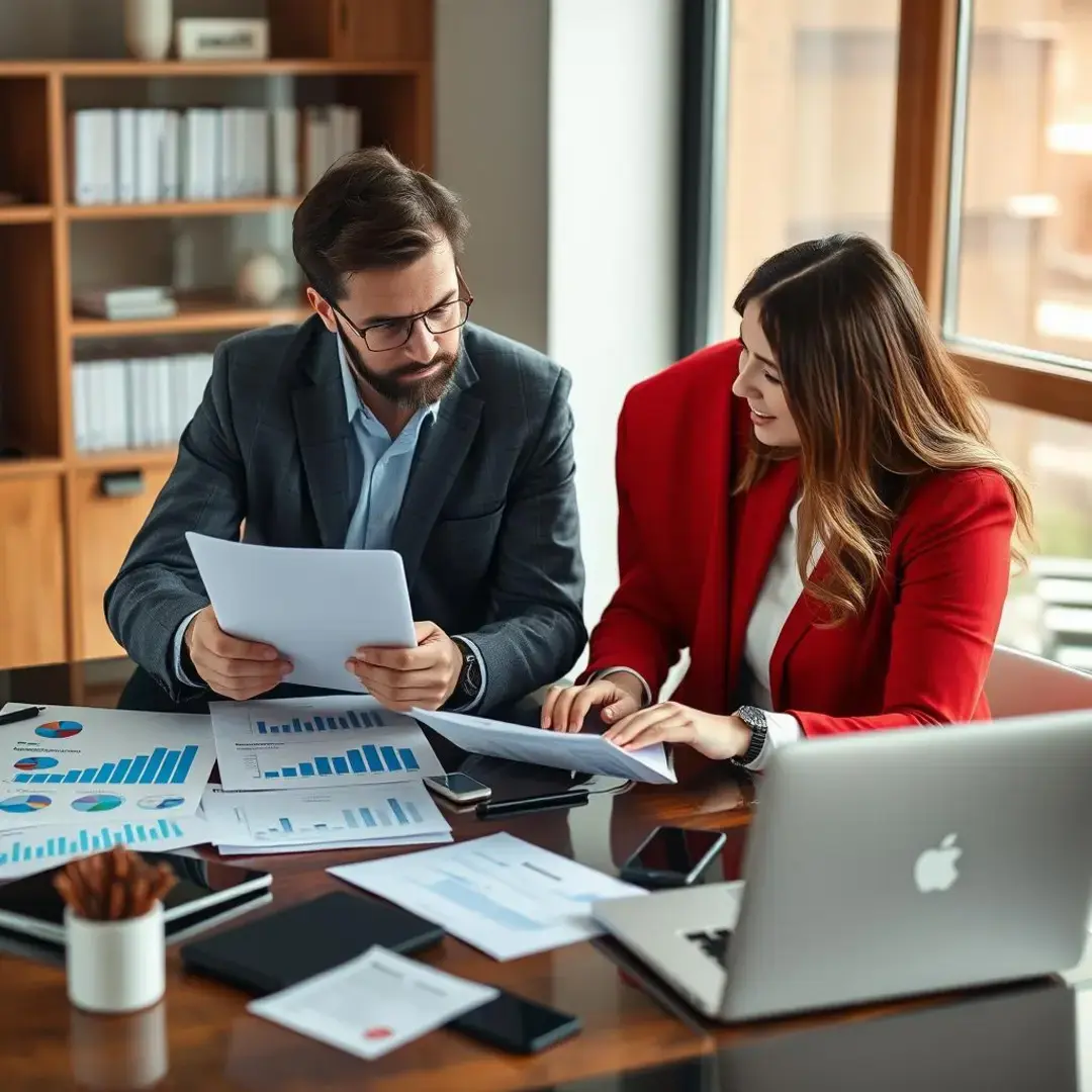 Two partners discussing charts, laptops, and financial documents.