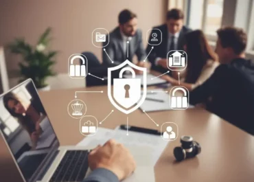 Legal Protocols on Handling Customer Data for Startups 5 Laptop, legal documents, data security icons, diverse team discussion.