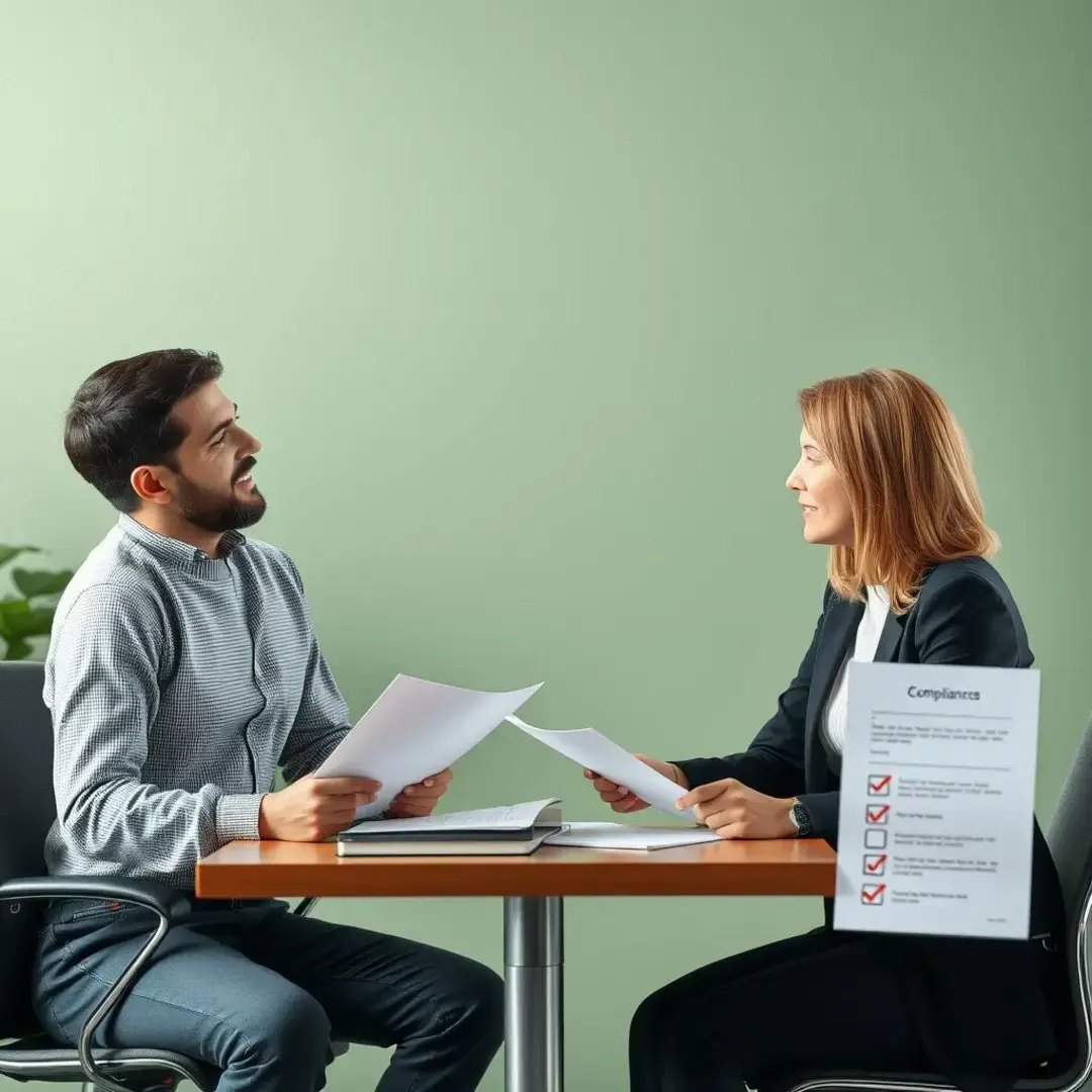 Legal documents, entrepreneur discussing with advisor, compliance checklist.