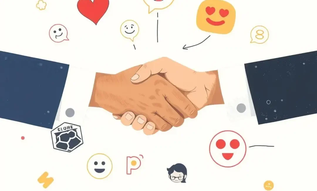 Two people shaking hands, surrounded by abstract emotional icons.