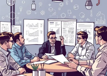 Startups discussing patents, charts, documents, and brainstorming ideas.