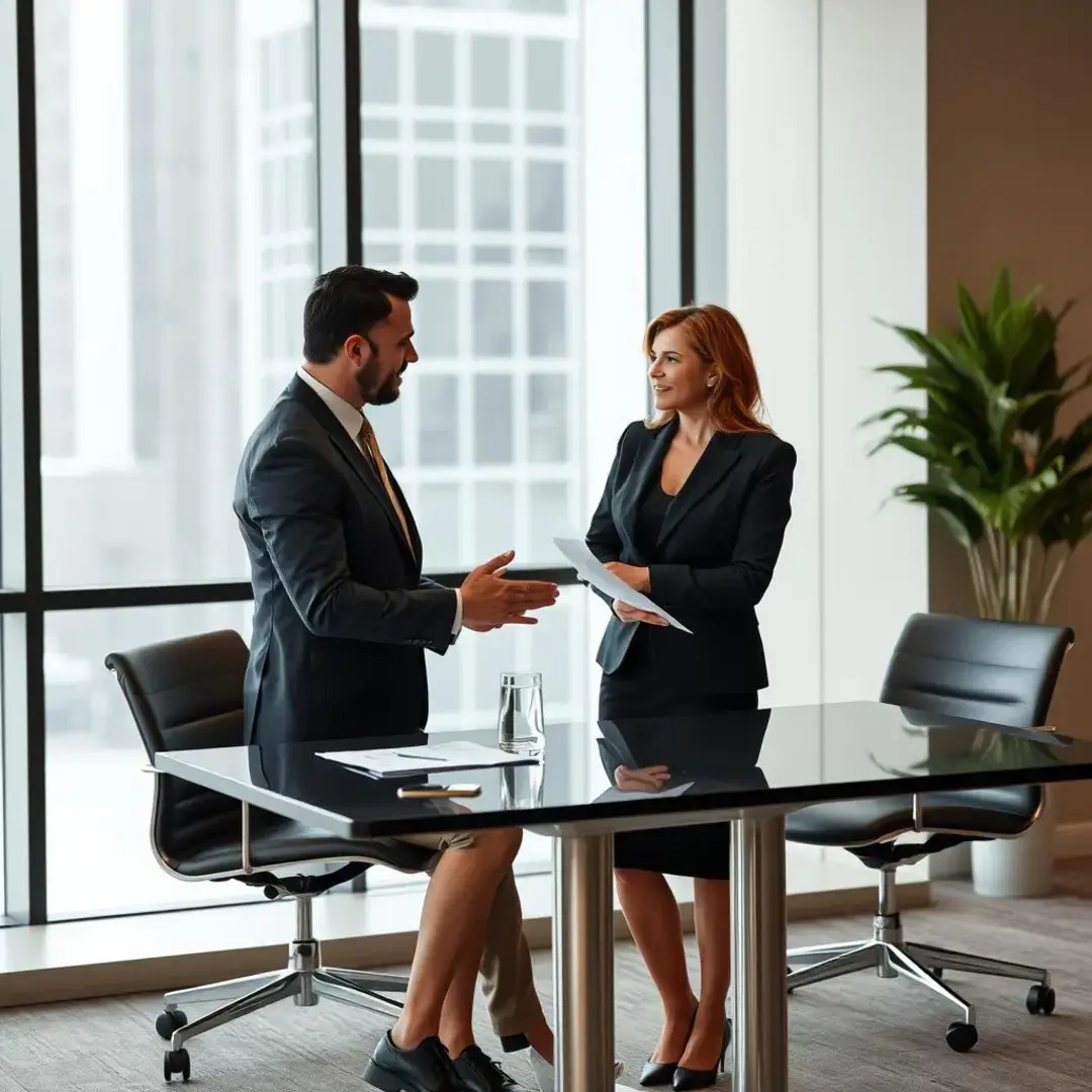 Two businesspeople discussing terms at a negotiation table.