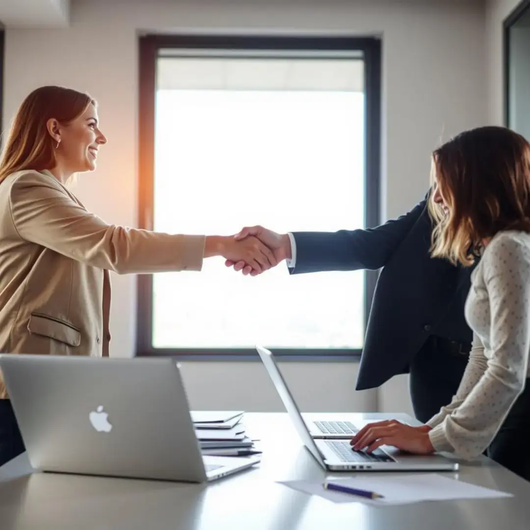 Two people shaking hands over documents and laptops.