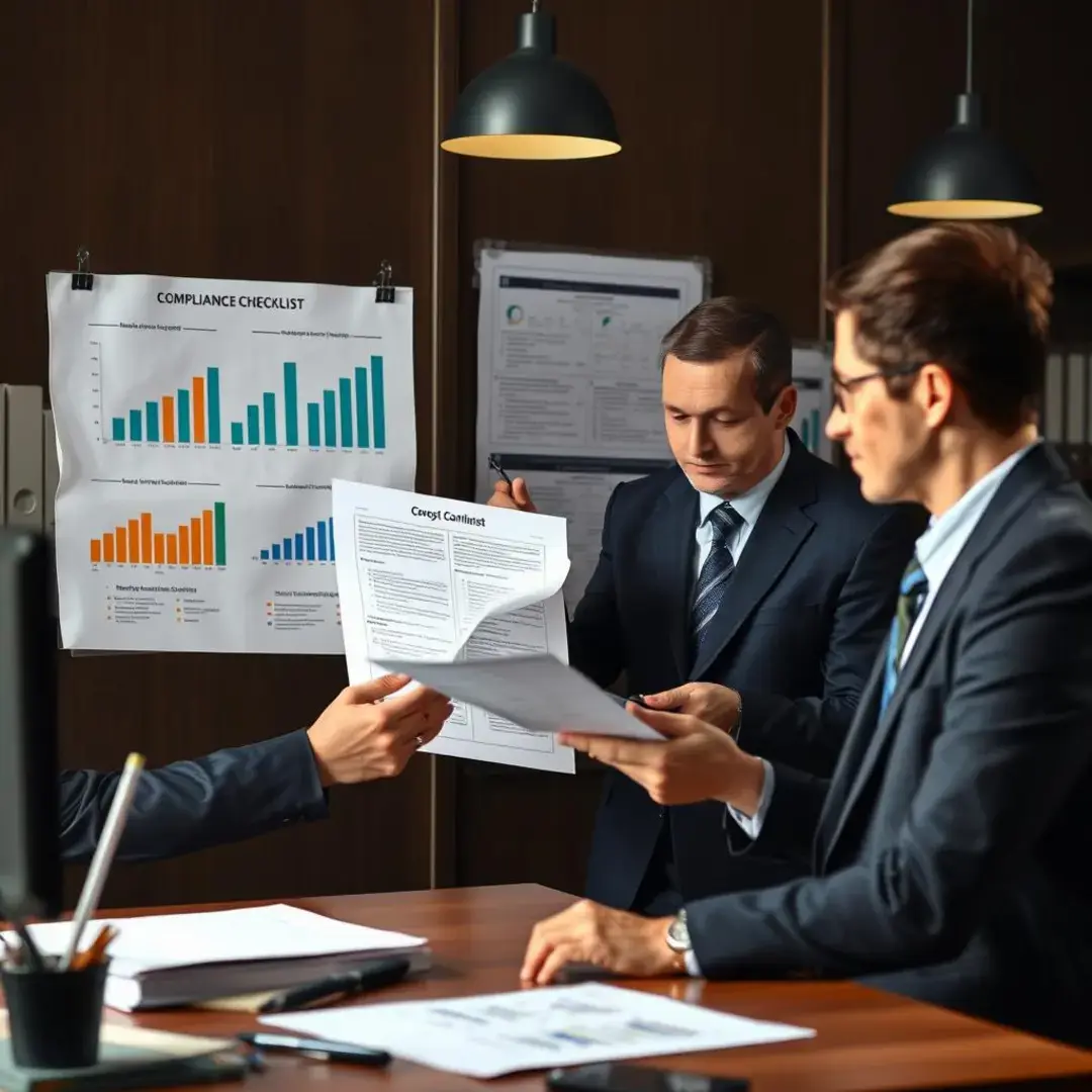 Lawyers reviewing documents, charts, and compliance checklists.