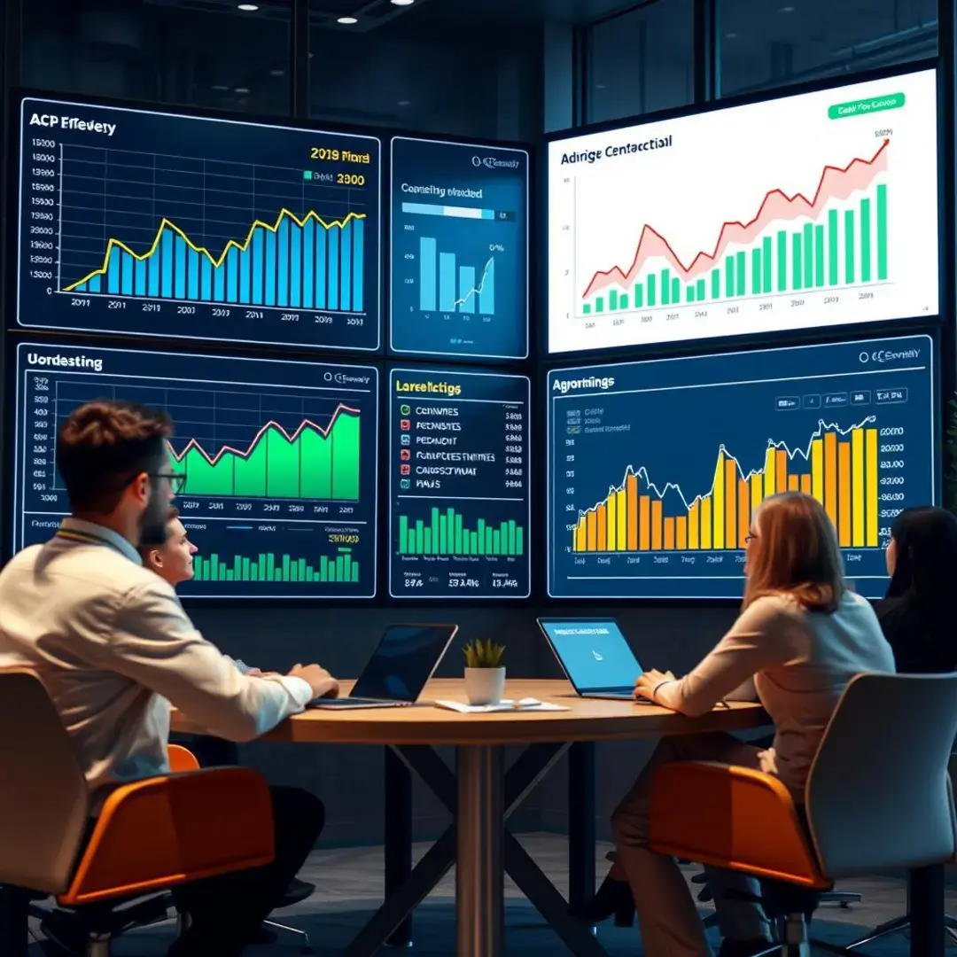 Graphs showing ACP reduction, team discussions, financial metrics displayed.