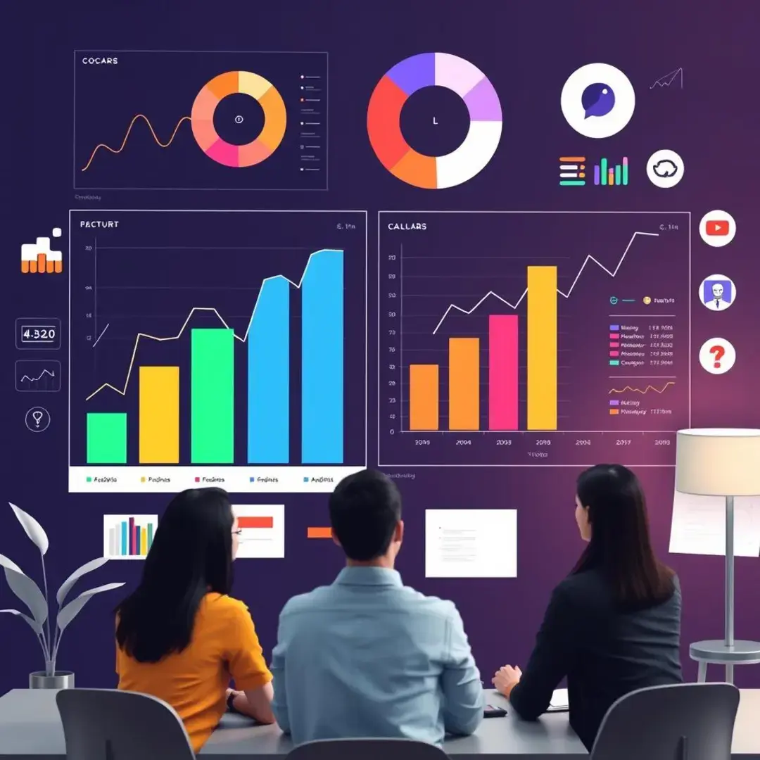 Graphs, charts, calculators, diverse sector icons, startup team discussion.