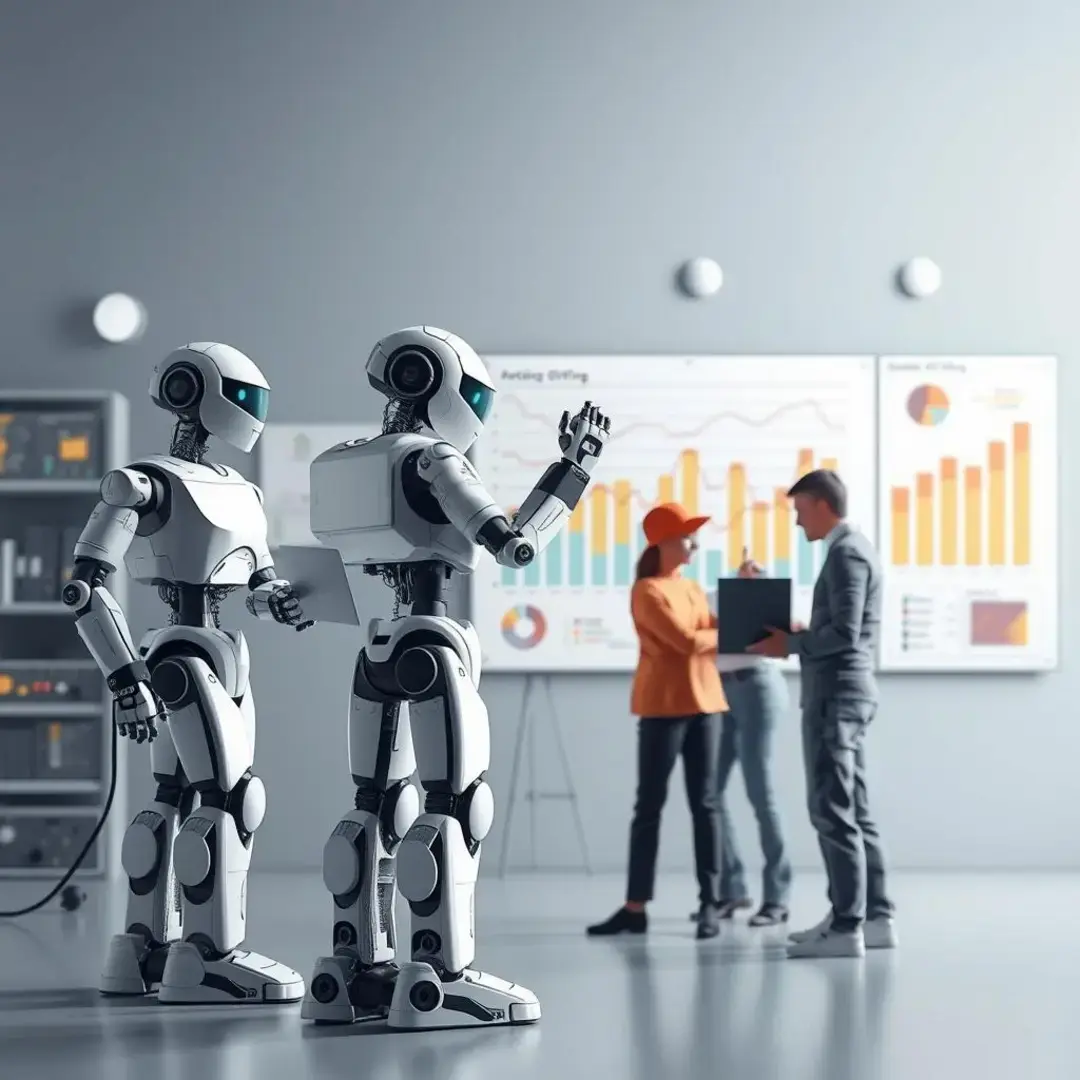 Robots, charts, and teamwork symbolizing efficient automation solutions.