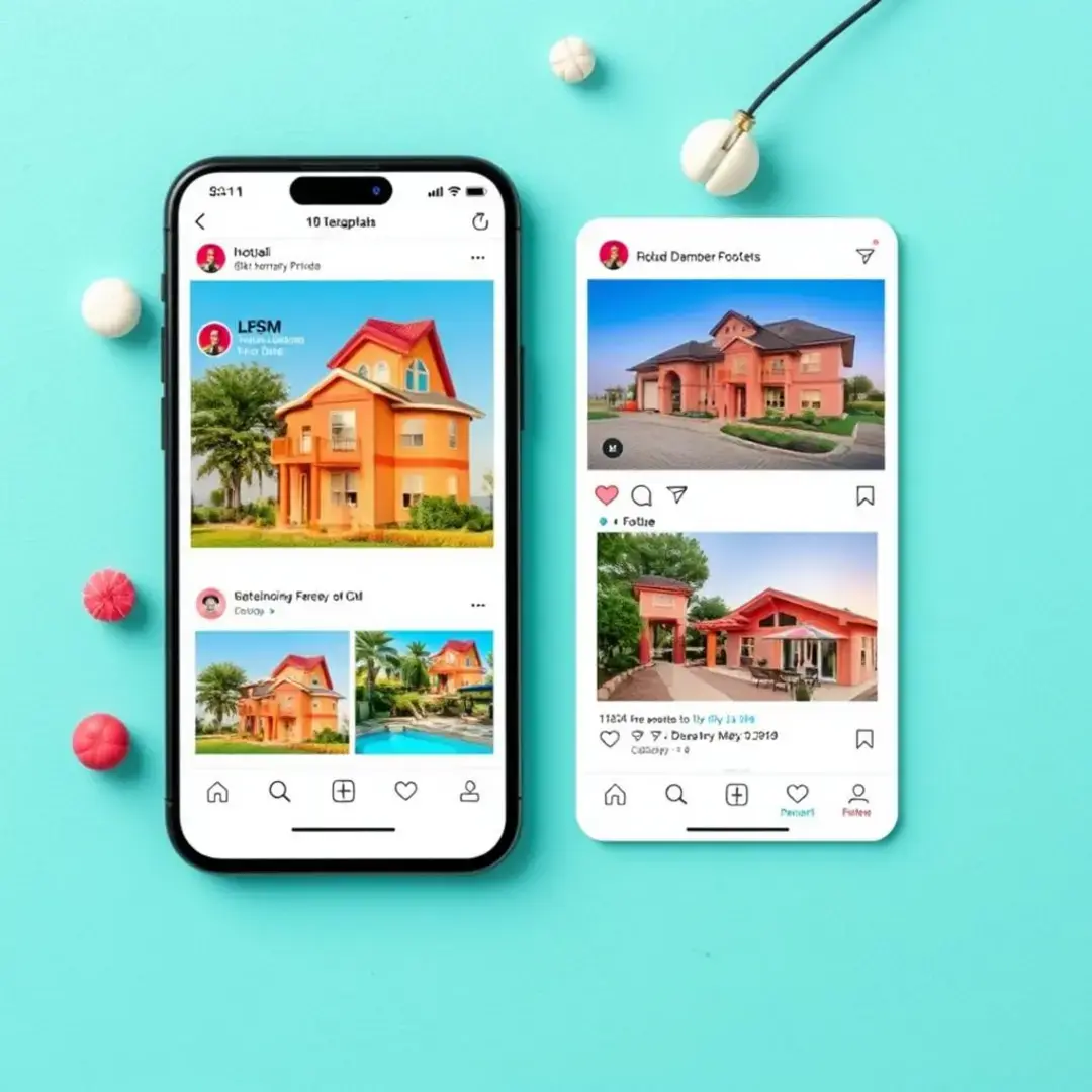 Colorful social media posts showcasing properties and engagement strategies.