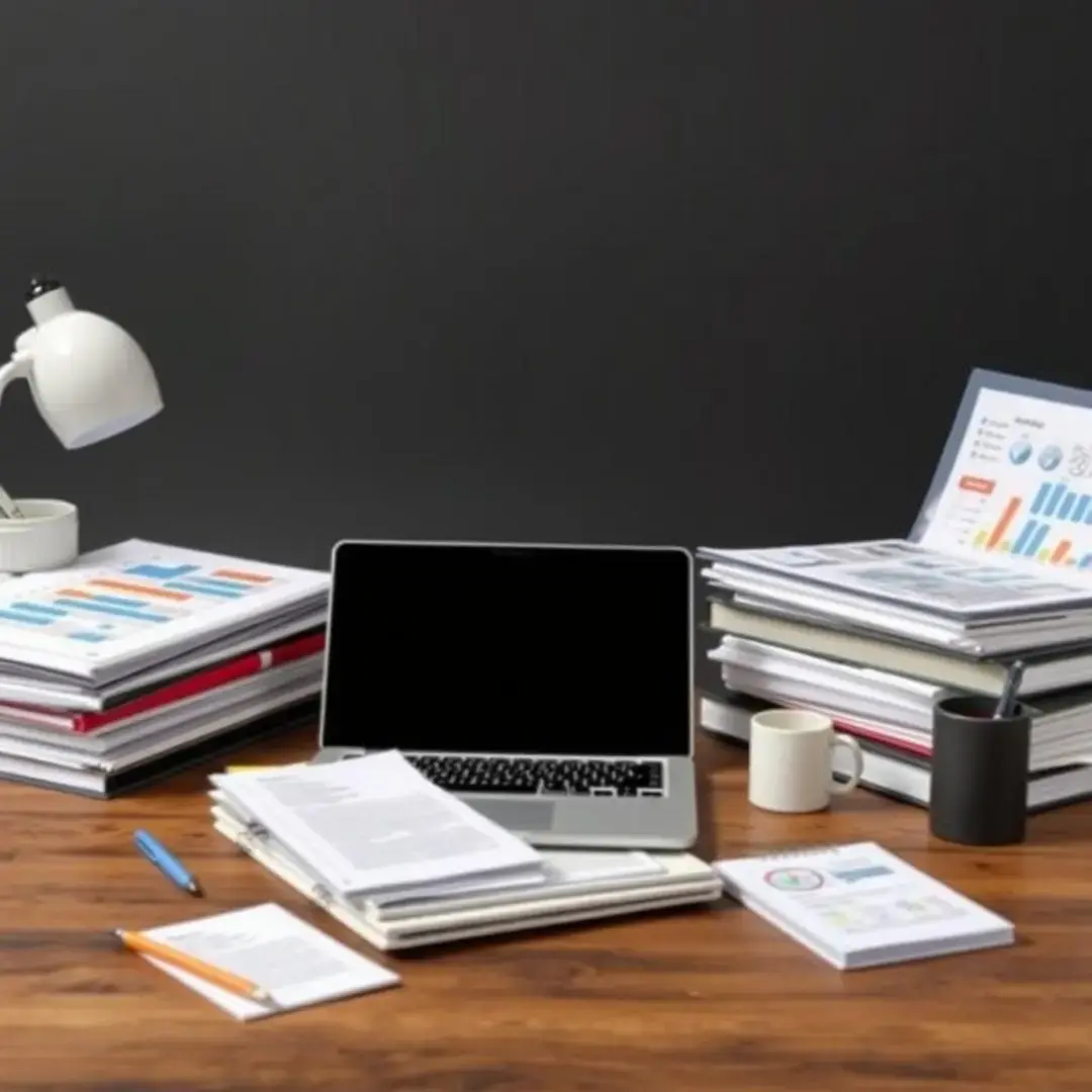 Stacked folders, charts, laptops, notes, and presentations.