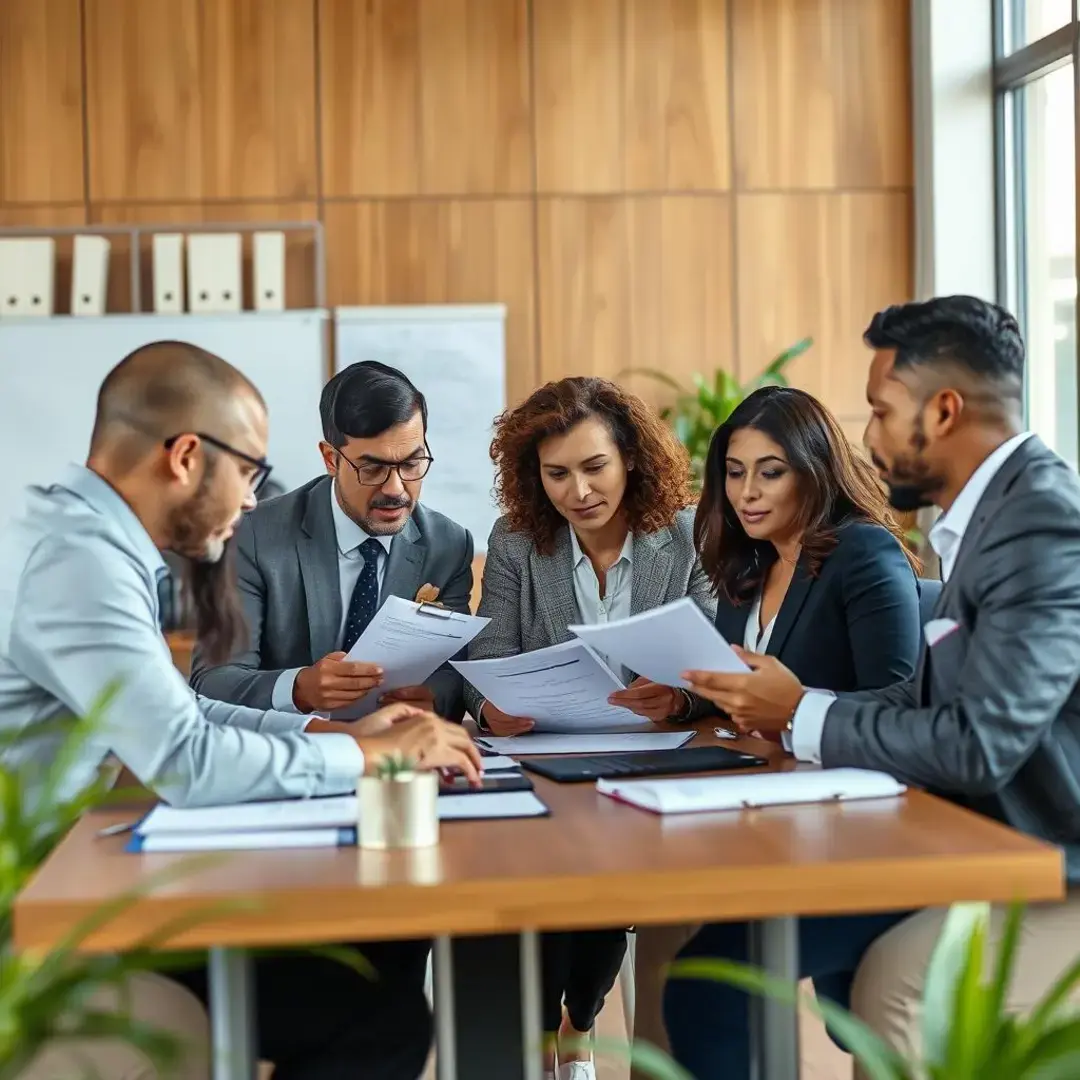 Diverse team discussing legal documents and future strategies.