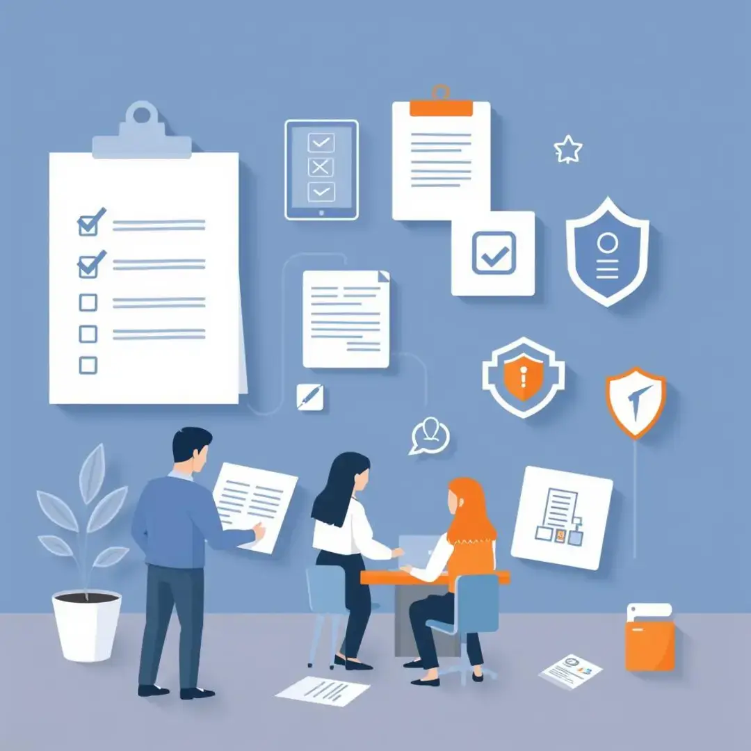 Checklists, documents, team collaboration, data protection icons, compliance guidelines.