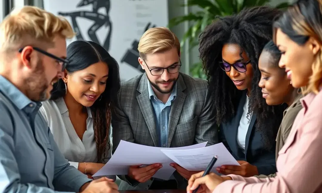 Diverse team discussing contracts, resumes, and compliance documents.