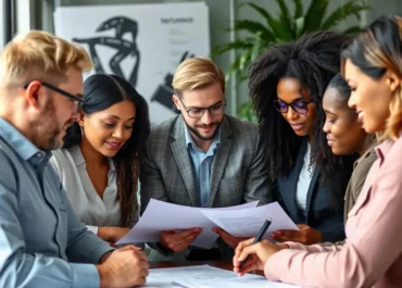 Diverse team discussing contracts, resumes, and compliance documents.