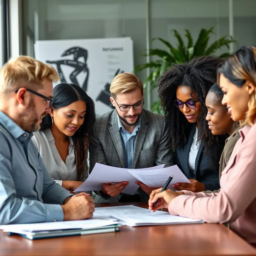 Diverse team discussing contracts, resumes, and compliance documents.