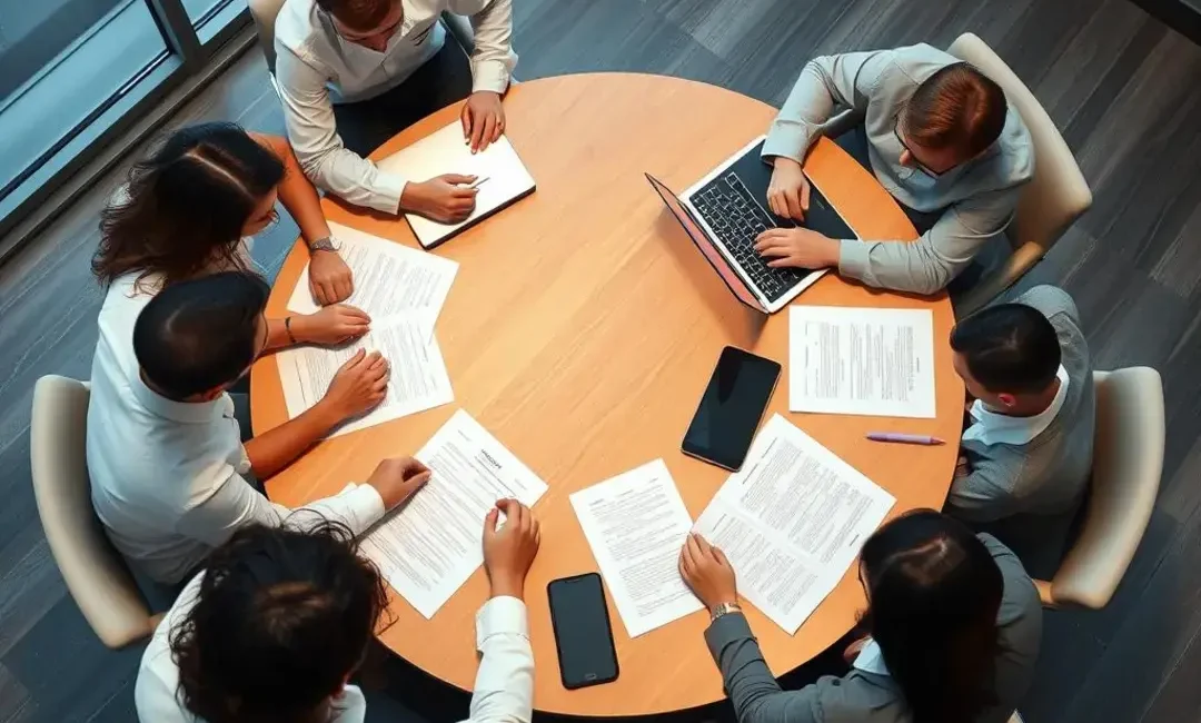 Team brainstorming around a table with legal documents and laptops.