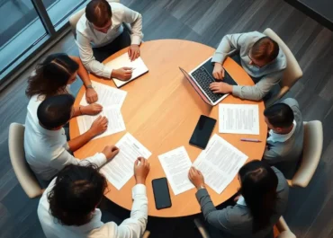 Team brainstorming around a table with legal documents and laptops.