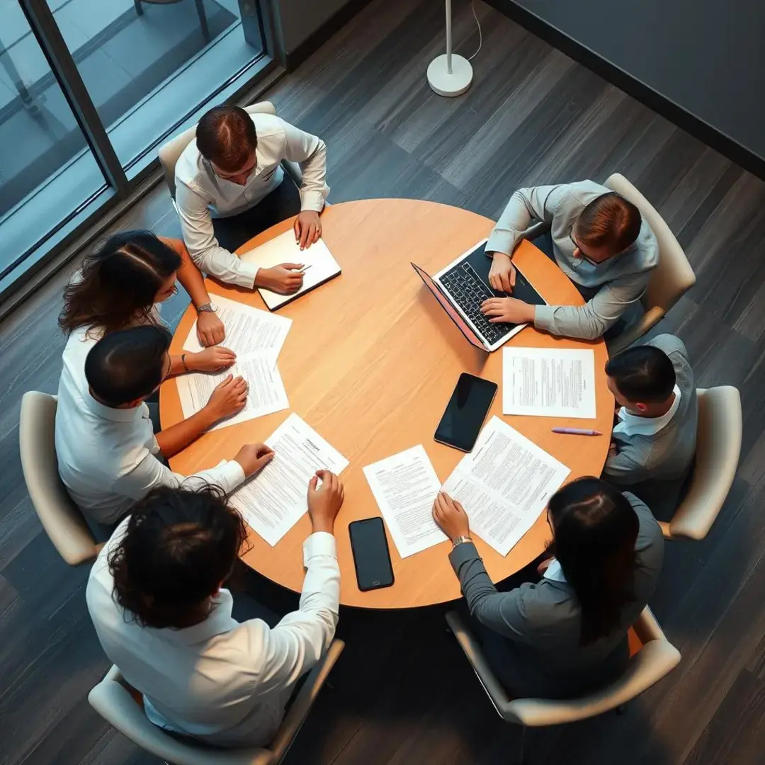 Team brainstorming around a table with legal documents and laptops.