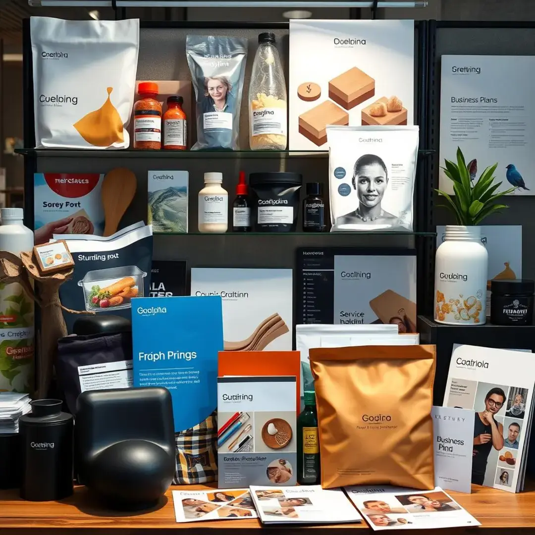 Diverse products displayed alongside service brochures and business plans.