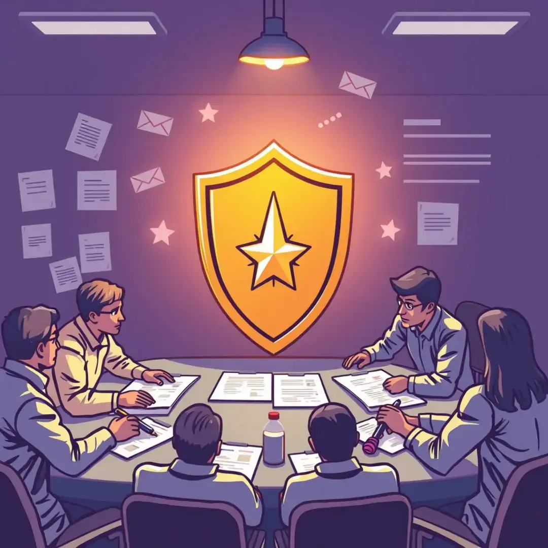 Contracts, documents, shield, startup team, brainstorming session.