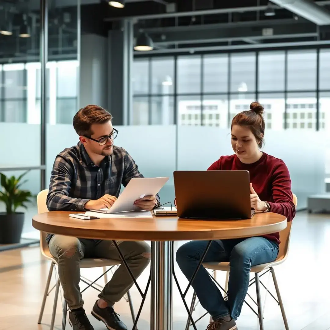 Two co-founders discussing documents at a table, laptops open.