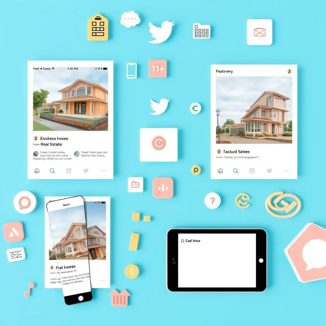Real estate posts, social media icons, engagement metrics, digital devices.