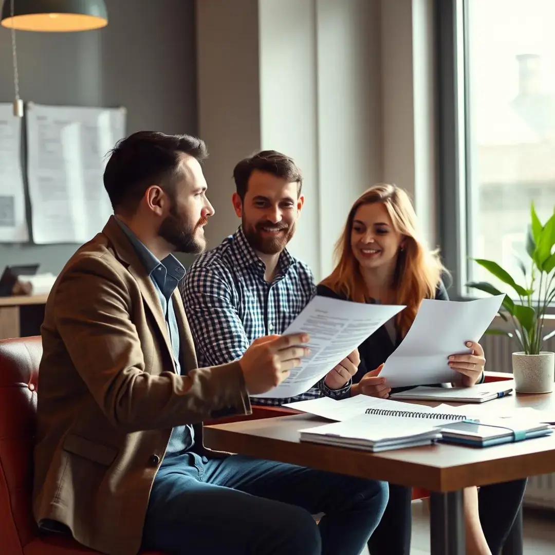 Investor discussing terms with eager startup founders, funding documents.