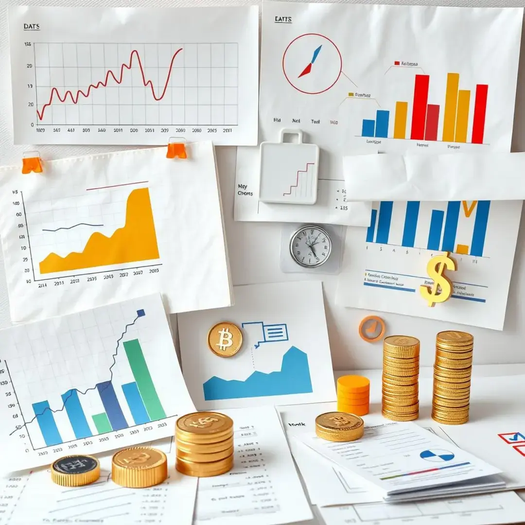 Diverse graphs, brainstorming notes, and currency symbols illustrating options.