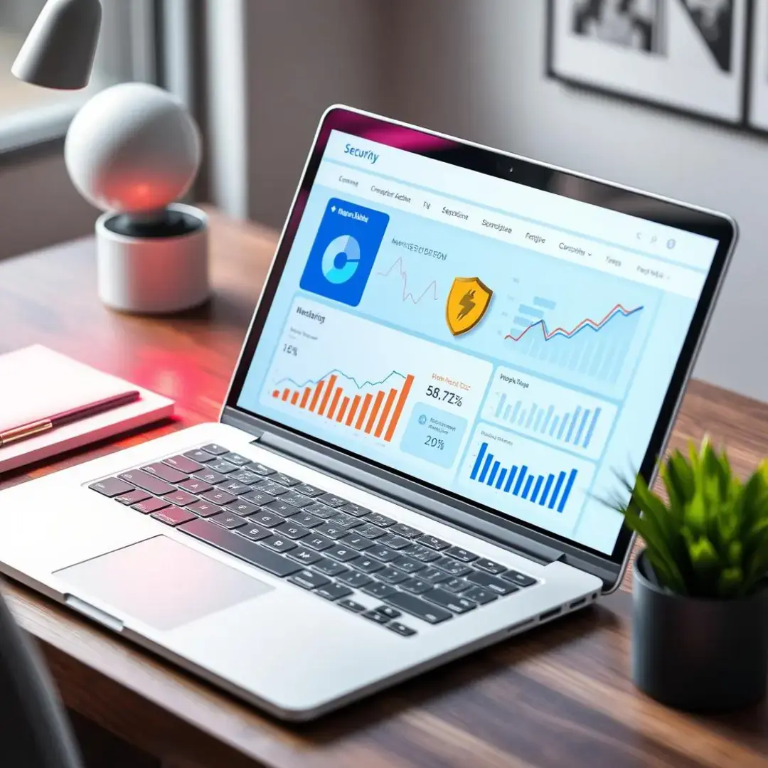 Laptop displaying security software, charts, and growth metrics.