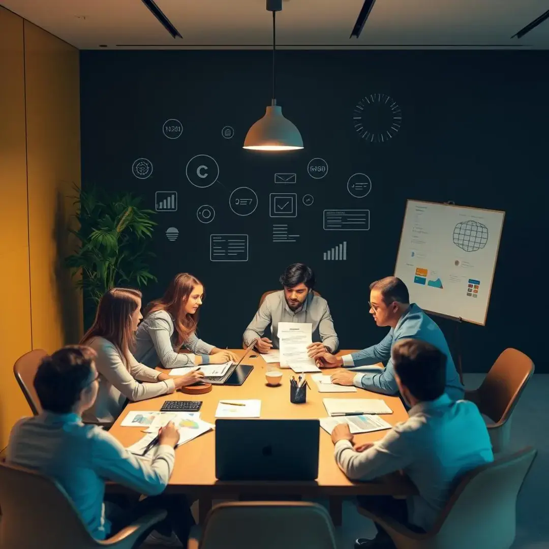 Innovative team brainstorming solutions, legal documents, and technology.