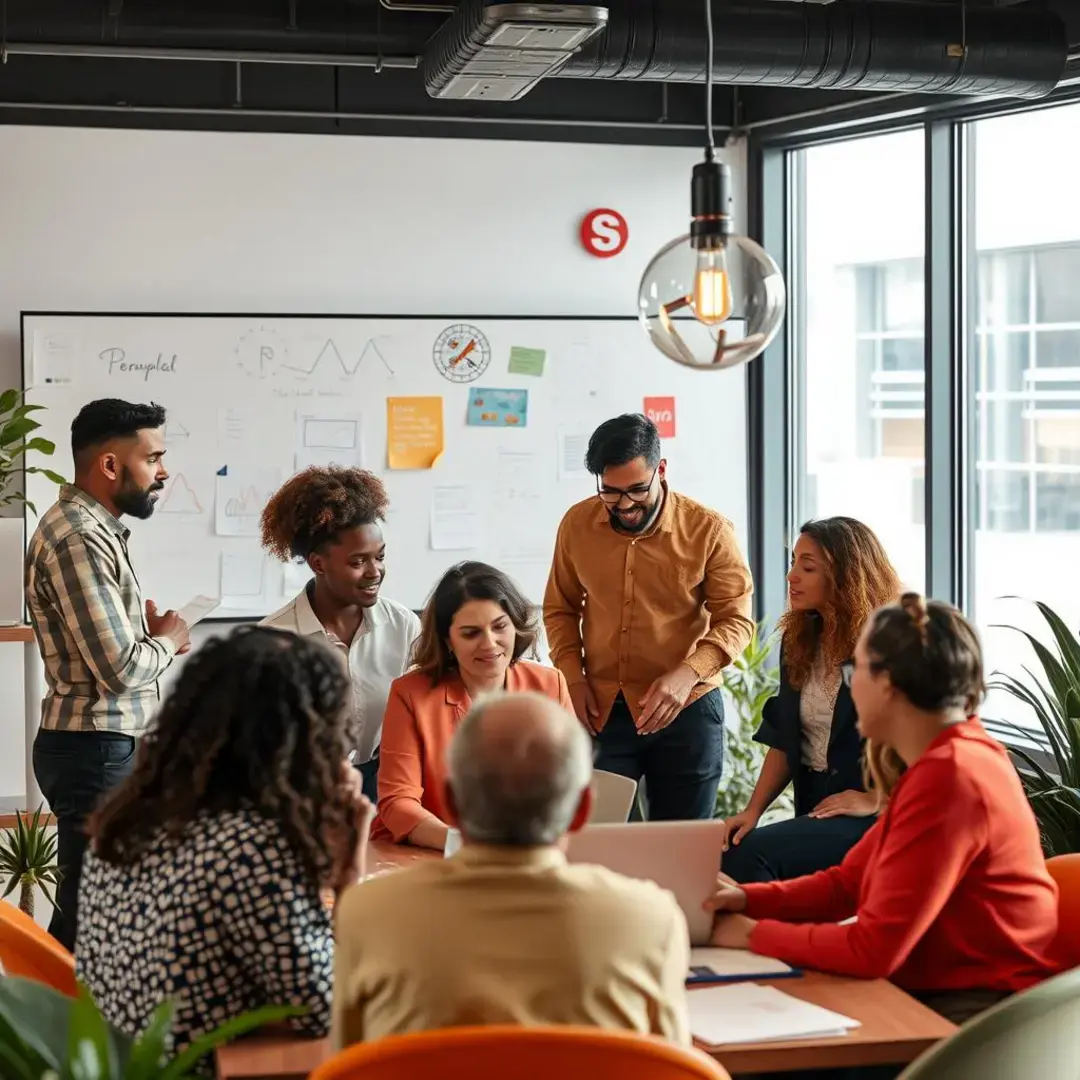 Diverse team collaborating, brainstorming ideas, fostering inclusive environment.