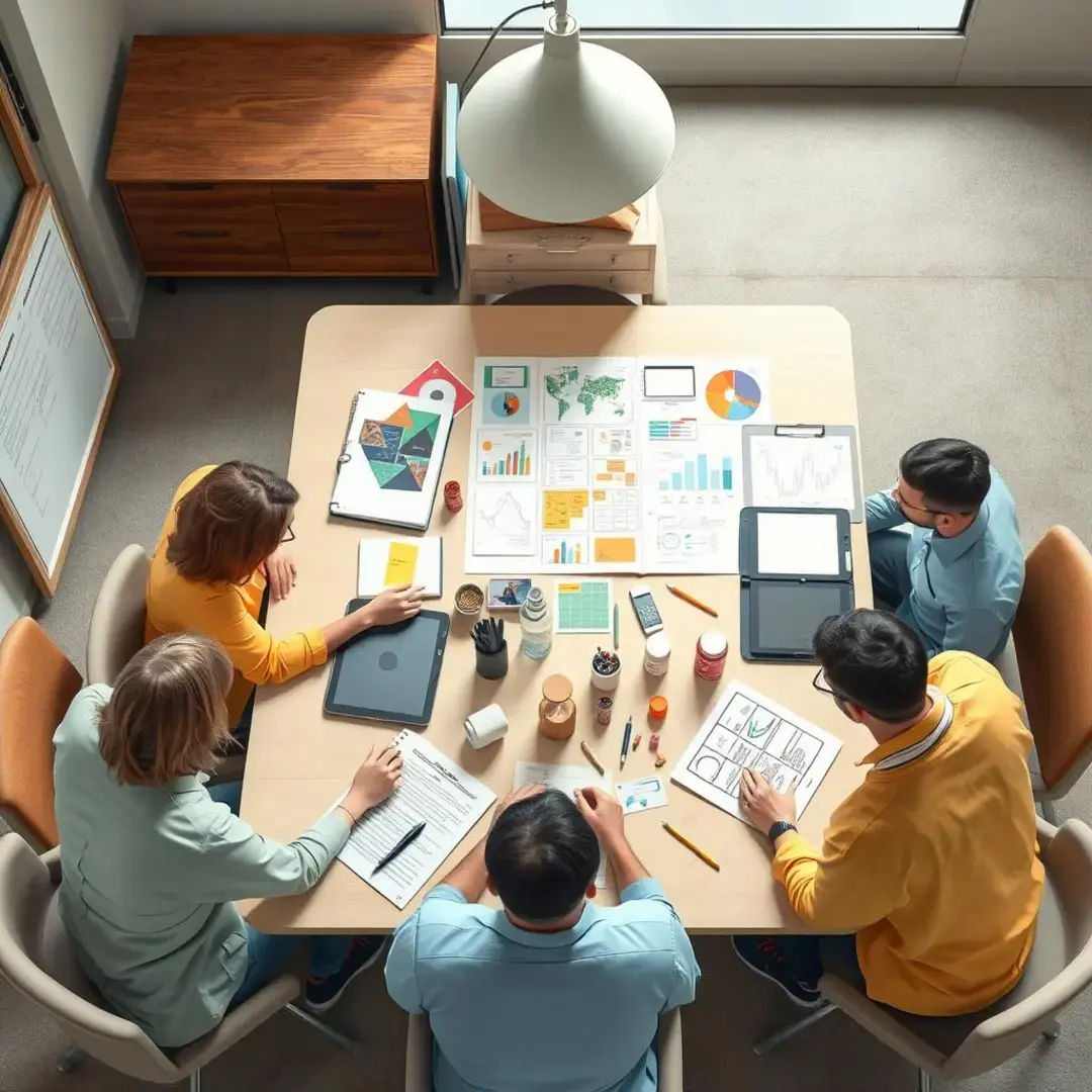 Team brainstorming around a table with diverse resources displayed.