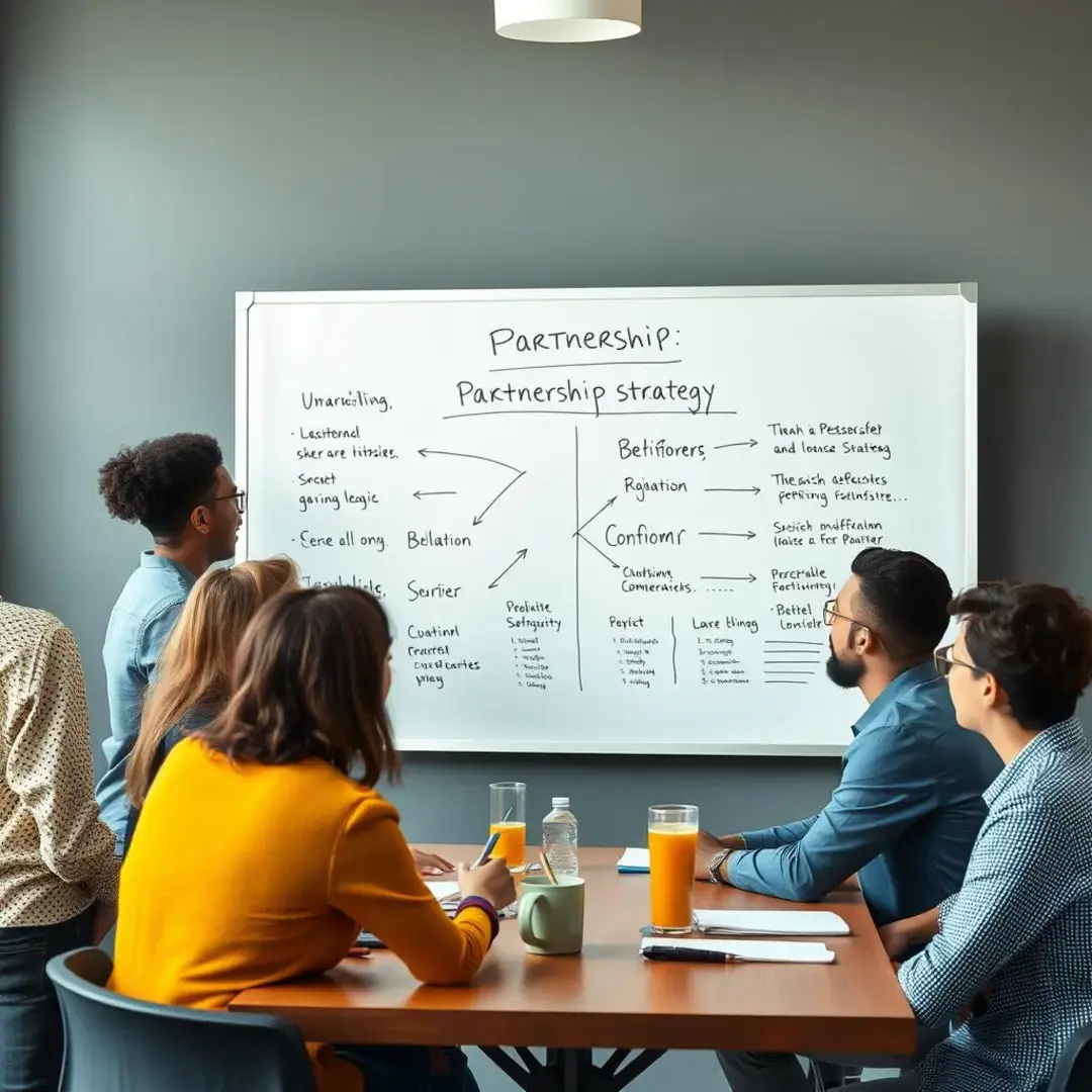 Diverse team brainstorming around a partnership strategy whiteboard.