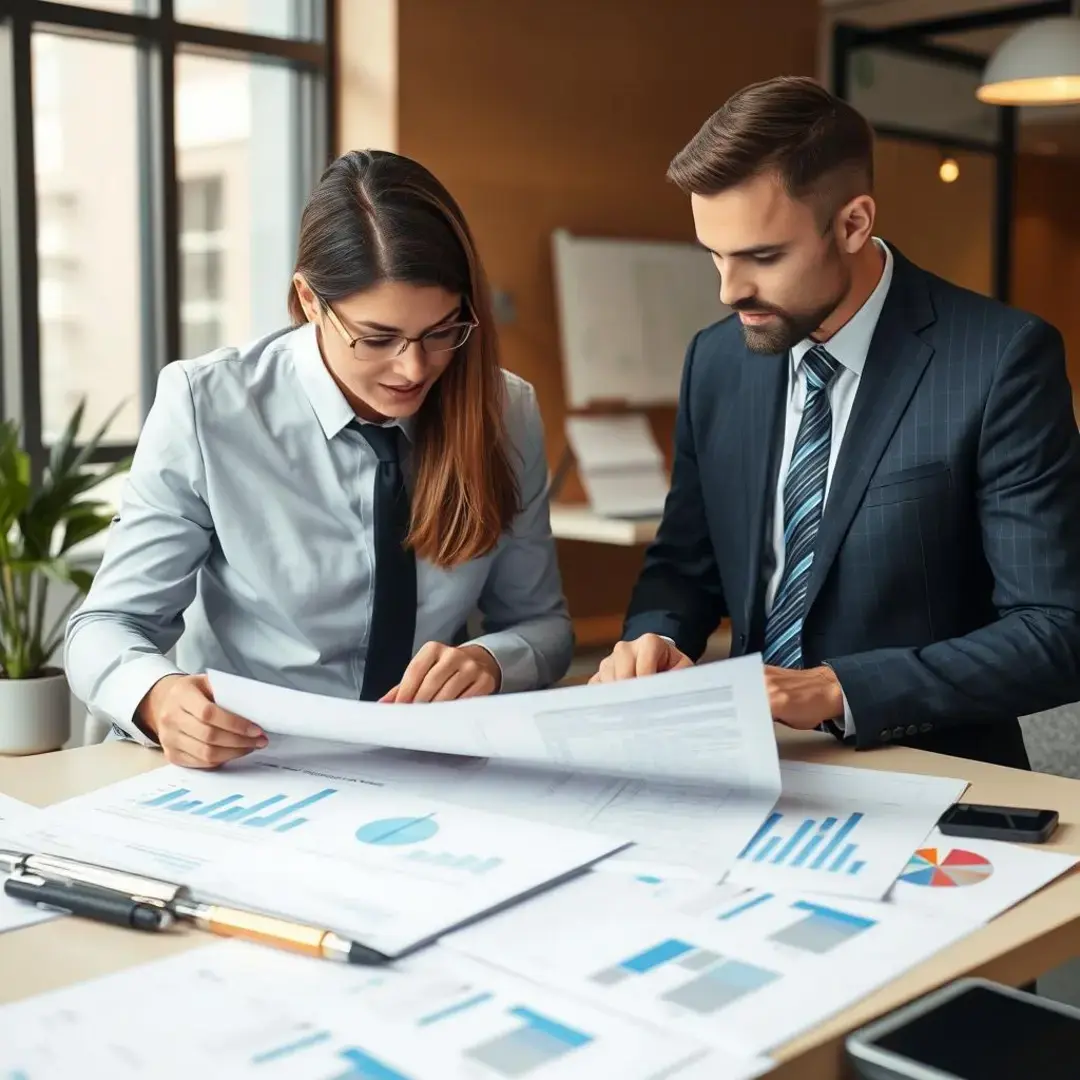 Two professionals discussing documents, charts, and contract details.