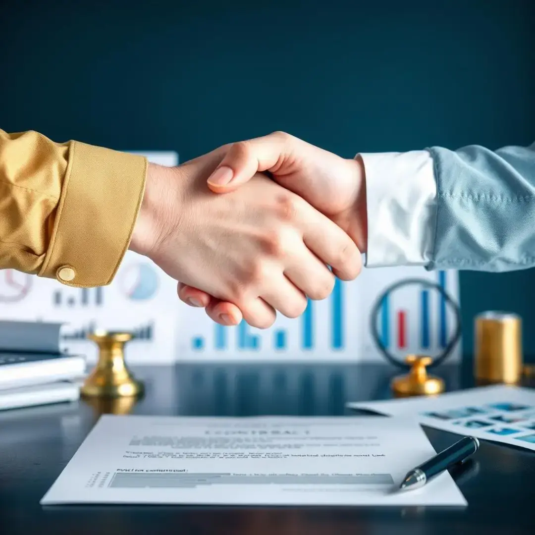 Handshake over contract with charts and documents in background.