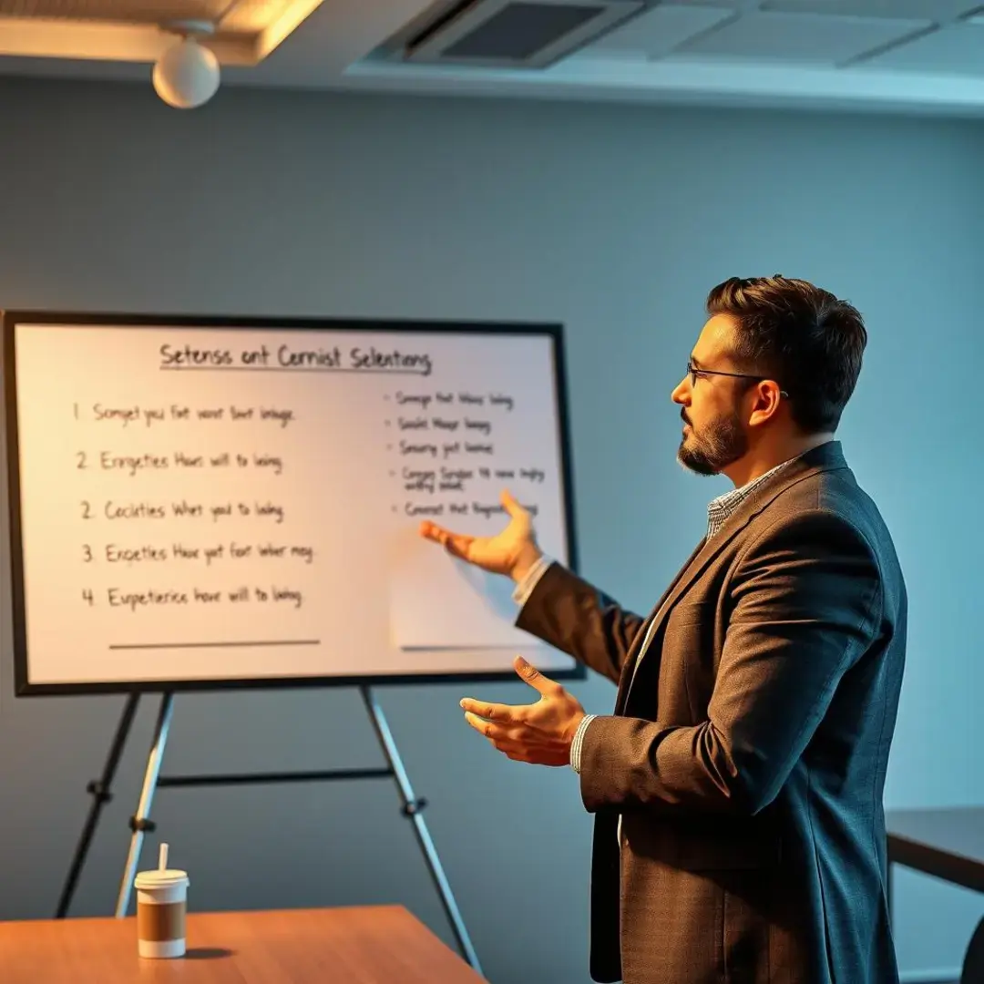 Person presenting confidently with key points highlighted on a board.