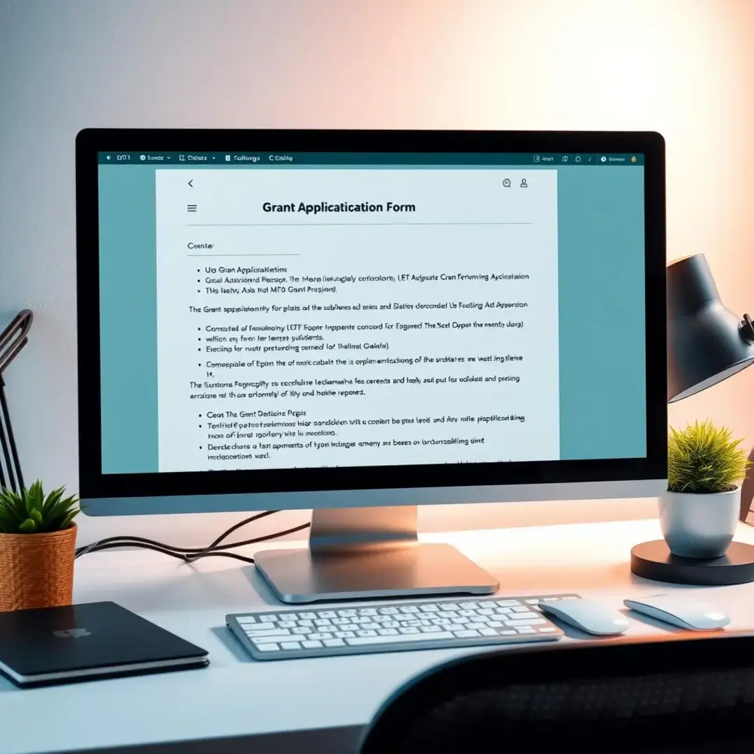 Computer screen displaying grant application form and guidelines.
