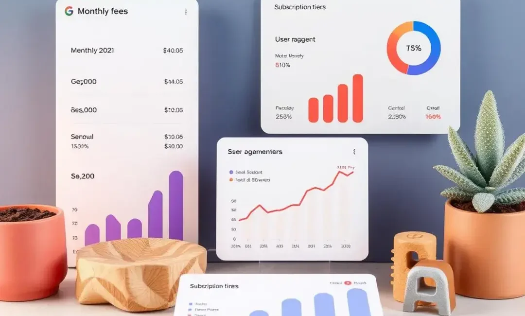 Monthly fees, user engagement metrics, growth graphs, subscription tiers.