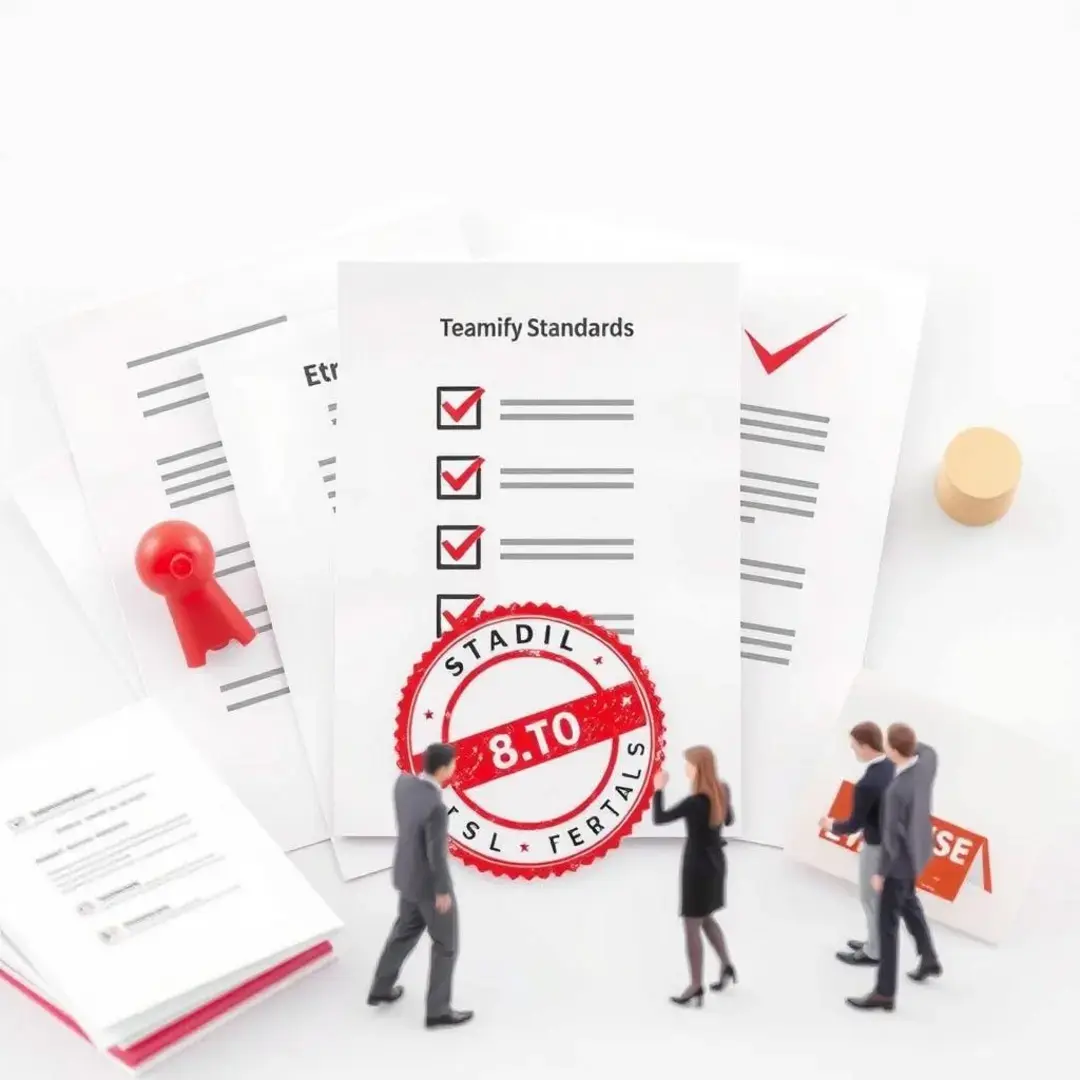 Documents, checklist, approval stamp, team collaboration, quality standards.