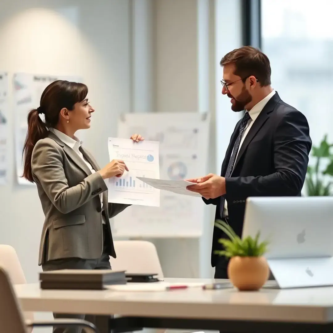 Two professionals discussing charts and documents in an office.