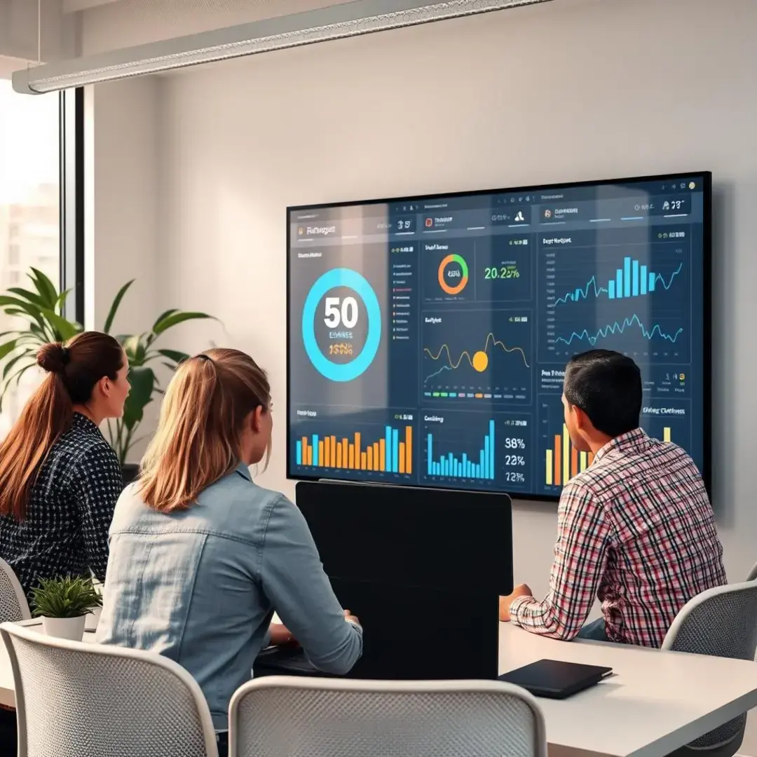 A team collaborating around a digital dashboard for efficiency.