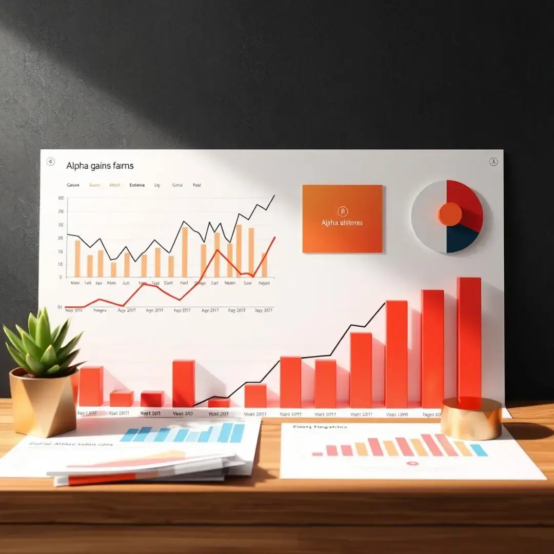 Chart showing alpha gains, financial graphs, and startups' growth.