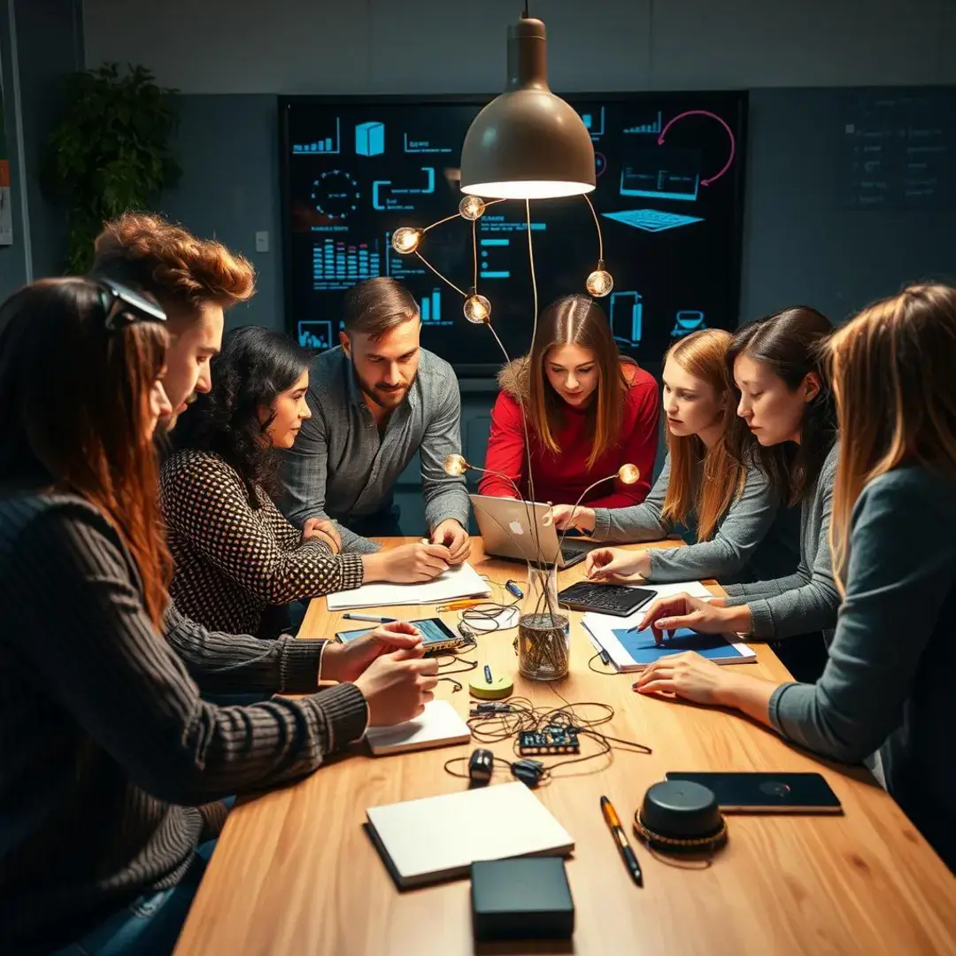 Diverse team brainstorming with tech tools and innovative ideas.